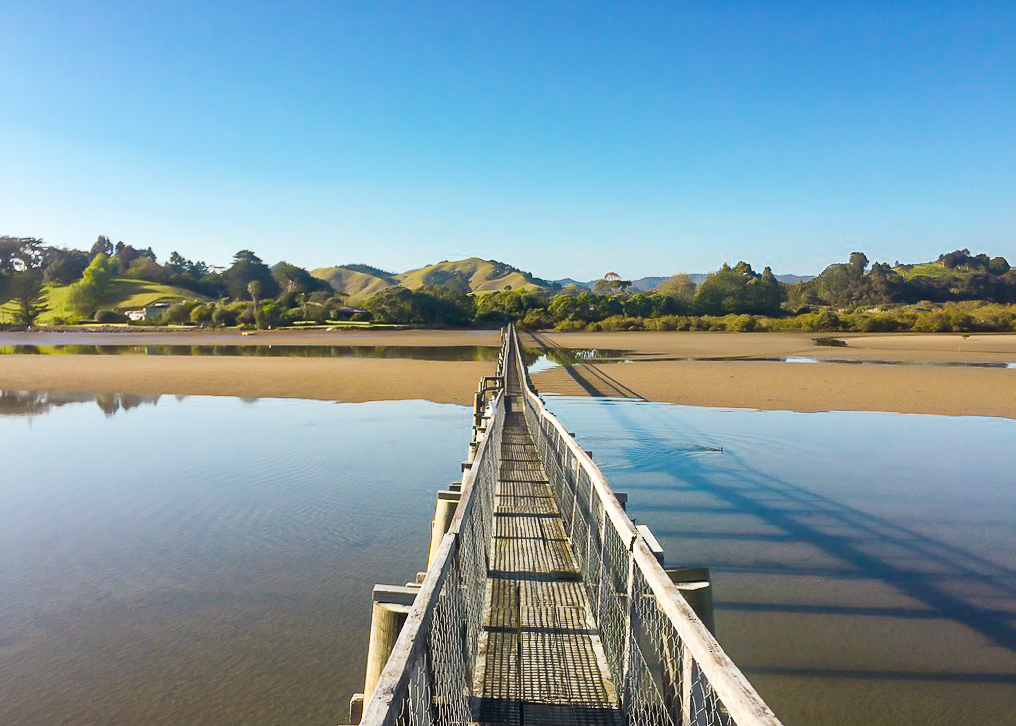 Crossing the Whananaki Footbridge - Te Araroa