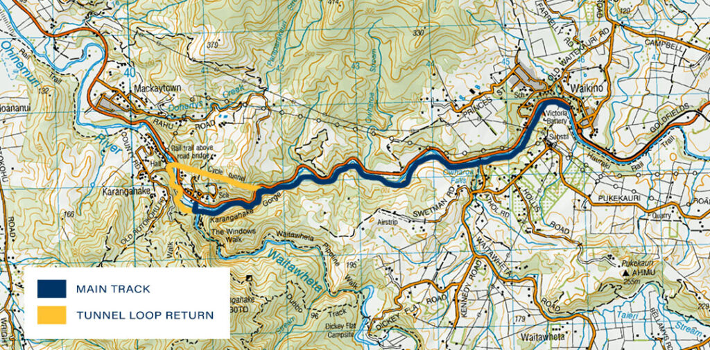 Karangahake gorge walk map - a detailed topographic map of the Karangahake Gorge Historic Walkway.