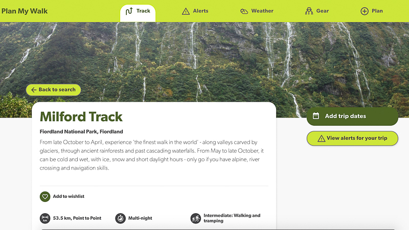 A screenshot of the Milford Track page on the Plan My Walk website.