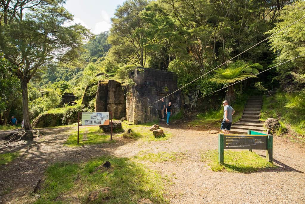 Woodstock Battery at the Karangahake Gorge. Windows Walk and Crown Track lead off to the right.