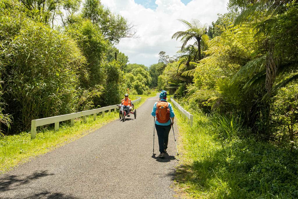 Hiker and cyclist meet on the Karangahake Gorge Historic Walkway.